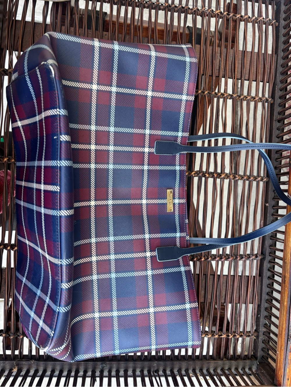 Plaid Tote Bag in Navy and Burgundy - Classic Everyday Shoulder Bag